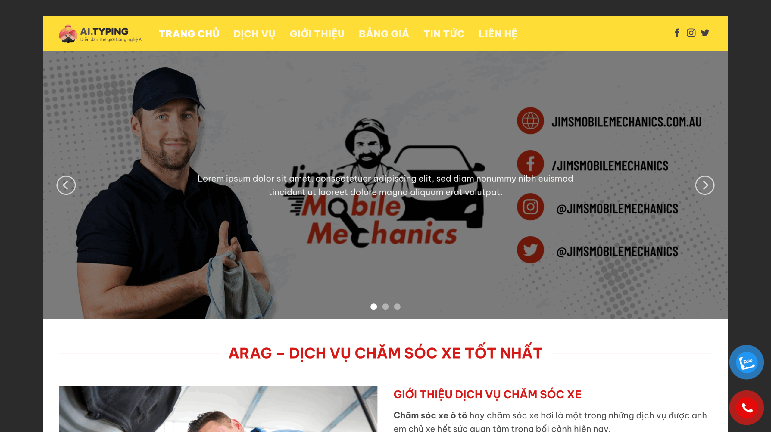 Website dịch vụ chăm sóc xe hơi tại Typing